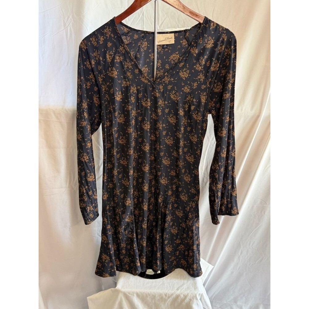 Universal Thread Long-Sleeve Black Floral Dress with Gold Print